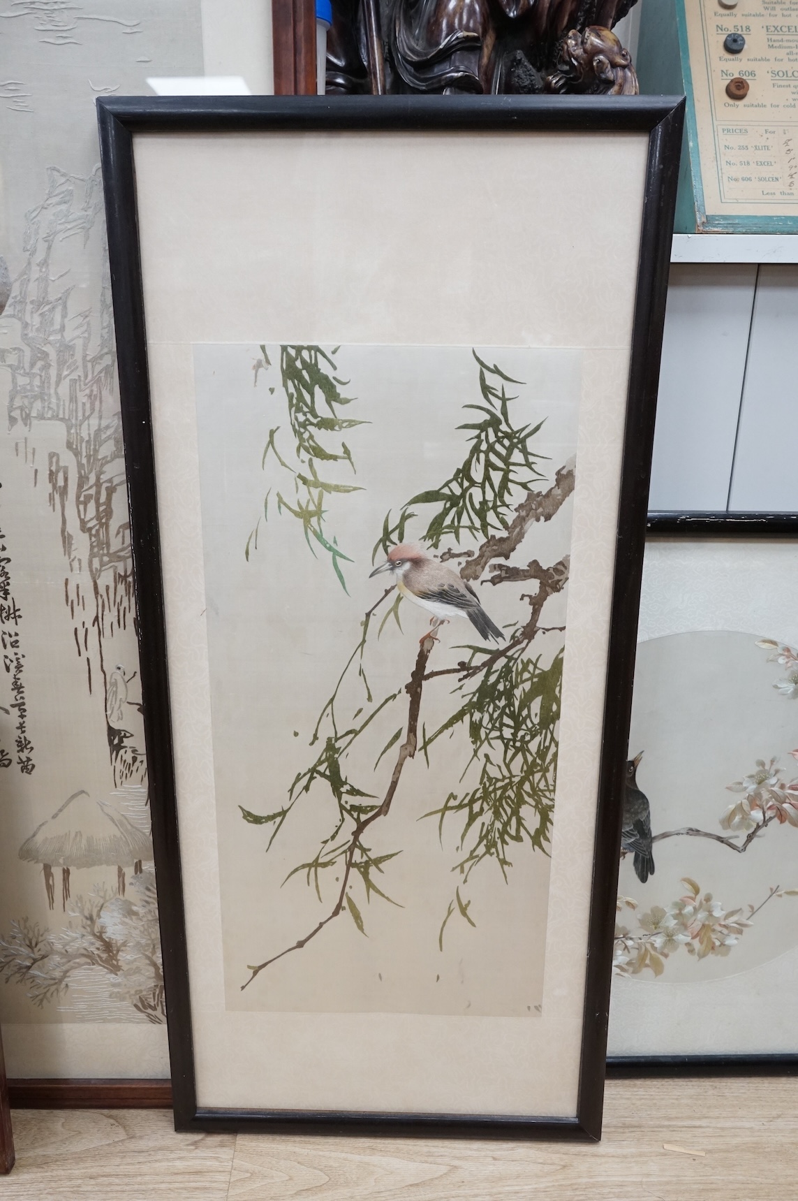 Seven Chinese embroideries on silk, mountainous landscapes and birds, largest 121cm high